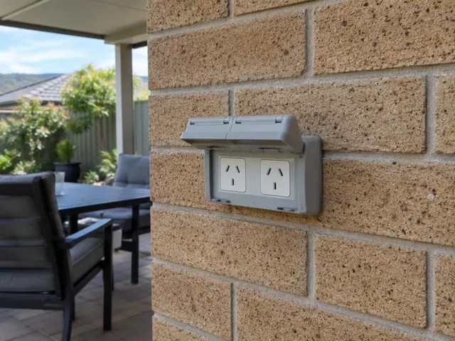 Outdoor double power point mounted on a brick wall beside a patio in Morisset
