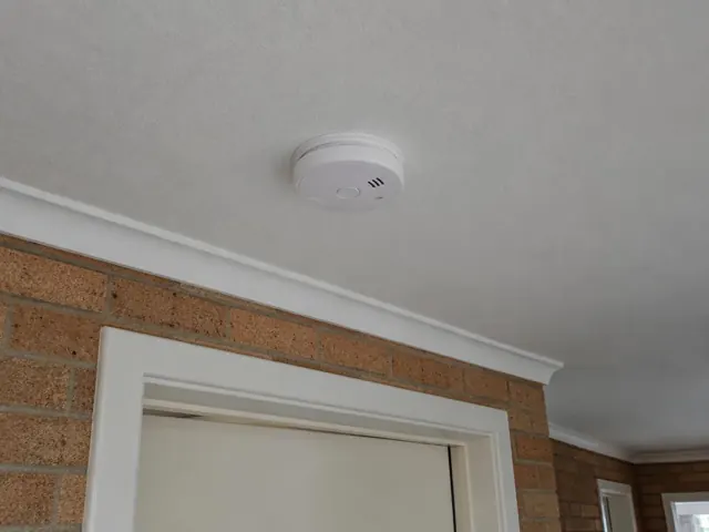 Ceiling smoke alarm above a doorway in a brick home interior in Bonnells Bay